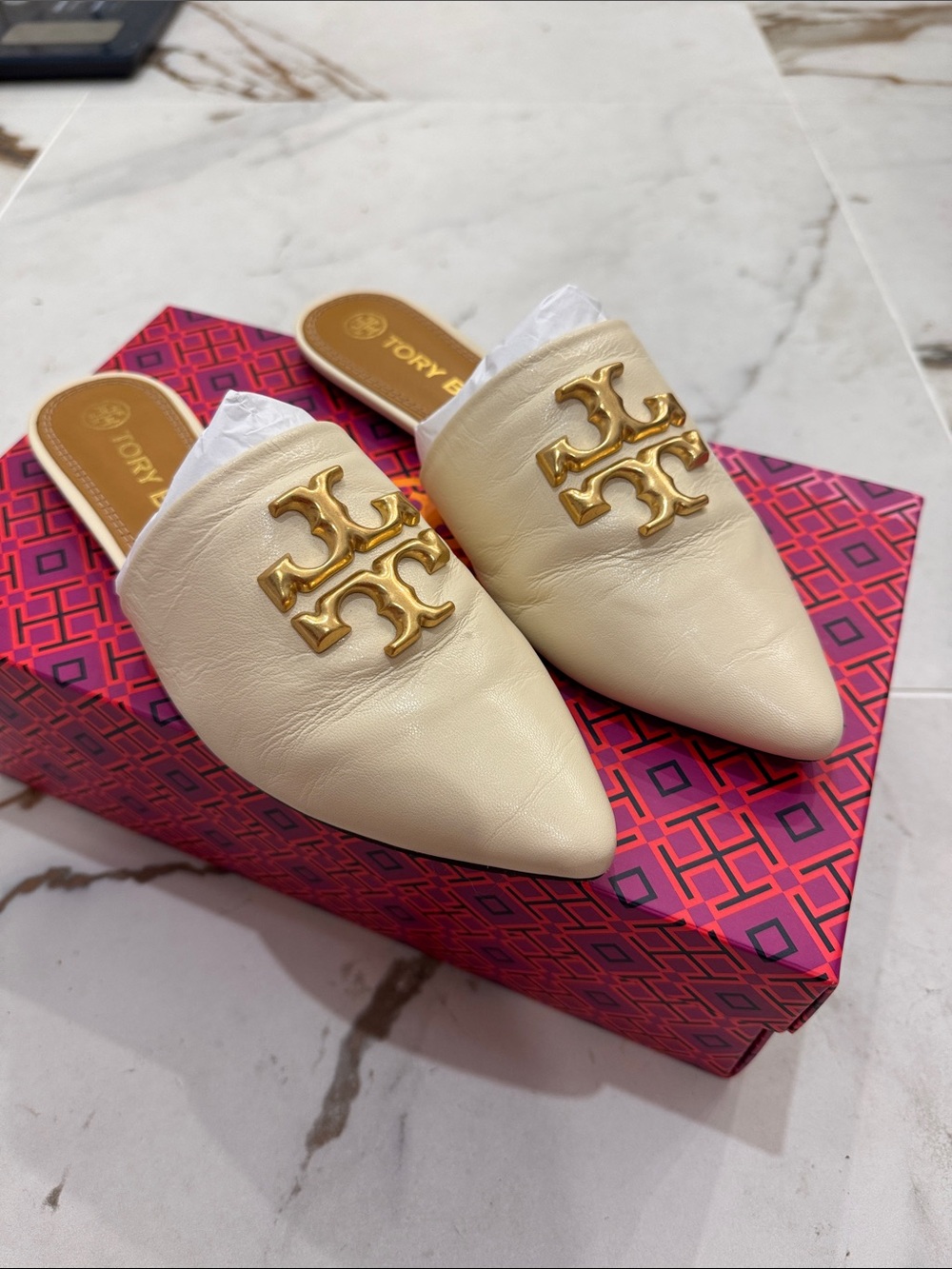 Tory Burch Cream Leather Pointed Logo Mules